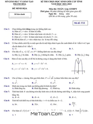 Đề Minh Họa Thi HSG Tỉnh Toán 12 Năm 2021 - 2022 Sở GD&ĐT Thanh Hóa
