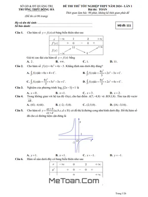Đề thi thử THPT 2024 môn Toán lần 1 trường THPT Đông Hà - Quảng Trị (có đáp án)