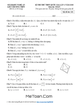 Đề thi thử THPT Quốc gia 2018 môn Toán lần 1 liên trường THPT - Nghệ An