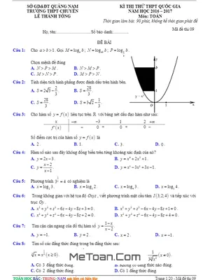 Đề thi thử THPT Quốc gia 2017 môn Toán trường THPT chuyên Lê Thánh Tông – Quảng Nam
