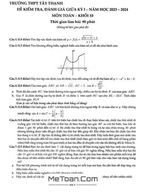 Đề thi giữa kỳ 1 Toán 10 năm 2023 - 2024 trường THPT Tây Thạnh - TP HCM