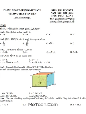 Đề Minh Họa Cuối Kỳ 1 Toán 7 Năm 2022 - 2023 Trường THCS Điện Biên - TP HCM
