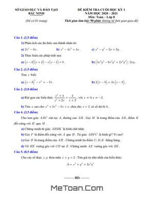 Đề thi học kì 1 Toán 8 năm 2020 - 2021 sở GD&ĐT Bắc Ninh (có đáp án)