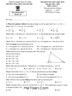 Đề Thi Giữa Học Kì 2 Môn Toán Lớp 7 Năm 2022 - 2023 Trường TH & THCS Tây Hà Nội