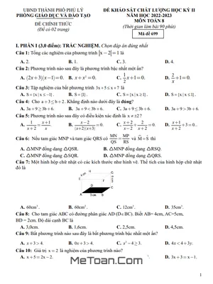 Đề thi học kỳ 2 Toán 8 năm 2022 - 2023 phòng GD&ĐT Phủ Lý - Hà Nam