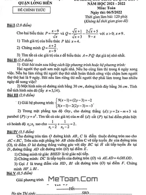 Đề khảo sát chất lượng Toán 9 năm 2021 - 2022 phòng GD&ĐT Long Biên - Hà Nội