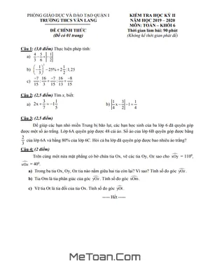 Đề kiểm tra học kì 2 môn Toán lớp 6 năm 2019 - 2020 trường THCS Văn Lang - TP HCM