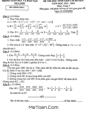 Đề thi học sinh giỏi huyện Toán 7 năm 2021 - 2022 phòng GD&ĐT Nga Sơn - Thanh Hóa