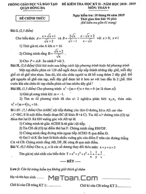 Đề thi học kỳ 2 Toán 9 năm học 2018 - 2019 phòng GD&ĐT Đống Đa - Hà Nội