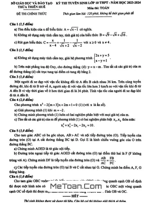 Đề thi tuyển sinh lớp 10 môn Toán năm 2023 - 2024 Sở GD&ĐT Thừa Thiên Huế