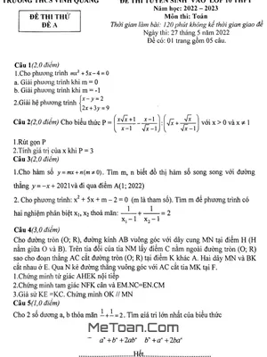 Đề thi thử Toán vào lớp 10 năm 2022 - 2023 trường THCS Vĩnh Quang - Thanh Hóa