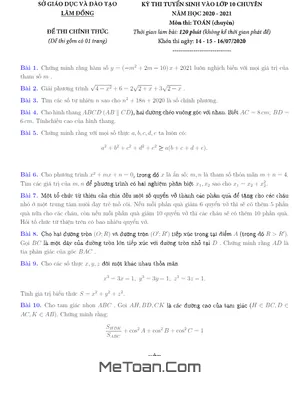 Đề thi vào lớp 10 chuyên Toán Lâm Đồng năm 2020 - 2021 (có lời giải)