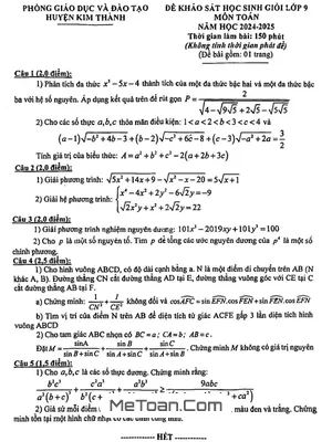 Đề khảo sát HSG Toán 9 năm 2024 - 2025 phòng GD&ĐT Kim Thành - Hải Dương
