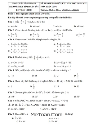 Đề Tham Khảo Giữa Kì 2 Toán 7 Năm 2024 - 2025 Phòng GD&ĐT Bình Thạnh - TP HCM