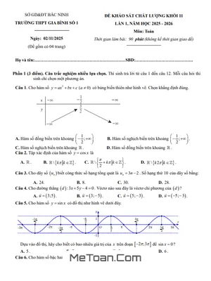 Đề Khảo Sát Toán 11 Lần 1 Năm 2025-2026 THPT Gia Bình 1 - Bắc Ninh (Có Đáp Án Chi Tiết)