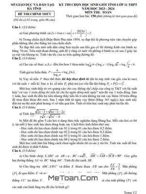 Đề thi học sinh giỏi tỉnh Toán 11 năm 2023 - 2024 sở GD&ĐT Hà Tĩnh