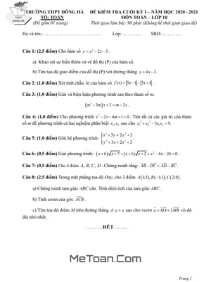 Đề thi học kỳ 1 môn Toán lớp 10 năm 2020 - 2021 trường THPT Đông Hà - Quảng Trị (có lời giải)