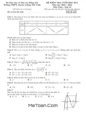 Đề thi cuối kì 1 Toán 12 năm 2023 – 2024 trường chuyên Lương Thế Vinh – Đồng Nai