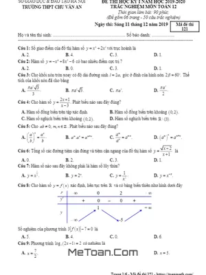 Đề thi HK1 Toán 12 năm 2019 - 2020 trường THPT Chu Văn An - Hà Nội