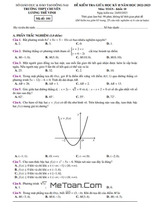 Đề thi giữa kỳ 2 môn Toán lớp 10 năm 2022 - 2023 trường THPT chuyên Lương Thế Vinh - Đồng Nai