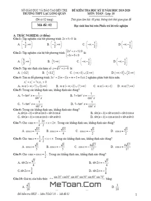 Đề thi học kỳ 2 Toán 10 năm 2019 - 2020 trường THPT Lạc Long Quân - Bến Tre