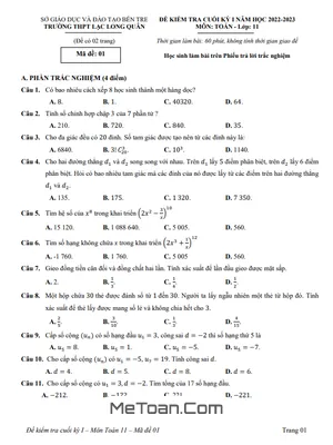 Đề Thi Cuối Kỳ 1 Toán 11 Năm 2022 - 2023 Trường THPT Lạc Long Quân - Bến Tre