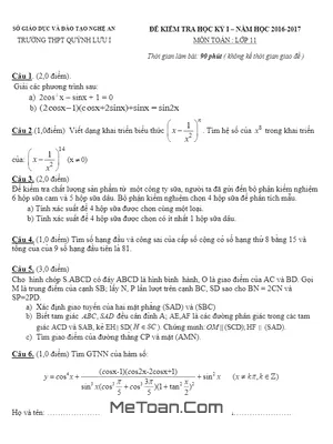 Đề thi HK1 Toán 11 năm học 2016 - 2017 trường THPT Quỳnh Lưu 1 - Nghệ An