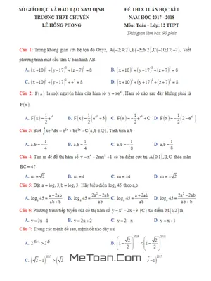 Đề thi 8 tuần học kỳ I môn Toán 12 năm 2017-2018 - THPT Chuyên Lê Hồng Phong, Nam Định