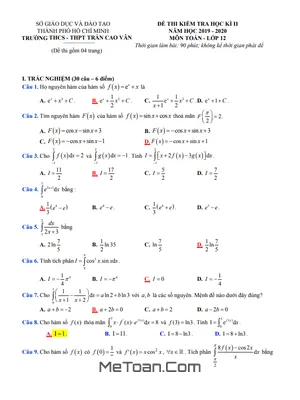 Đề thi học kì 2 môn Toán lớp 12 năm 2019 - 2020 trường Trần Cao Vân - TP.HCM