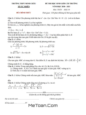 Đề thi học sinh giỏi Toán 10 năm 2020 - 2021 trường THPT Minh Châu - Hưng Yên