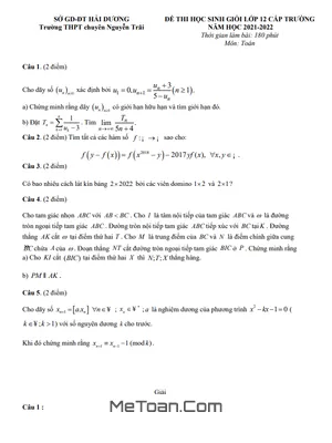 Đề thi HSG Toán 12 cấp trường năm 2021 - 2022 trường chuyên Nguyễn Trãi - Hải Dương
