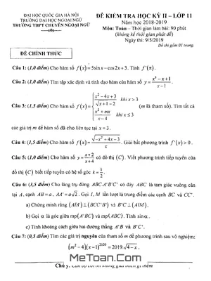 Đề thi học kỳ 2 Toán 11 năm 2018 - 2019 trường Chuyên Ngoại Ngữ - Hà Nội