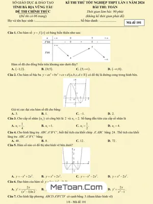 Đề thi thử tốt nghiệp THPT 2024 môn Toán lần 1 sở GD&ĐT Bà Rịa – Vũng Tàu