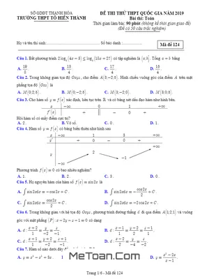 Đề Thi Thử Toán THPT Quốc Gia 2019 Trường THPT Tô Hiến Thành - Thanh Hóa