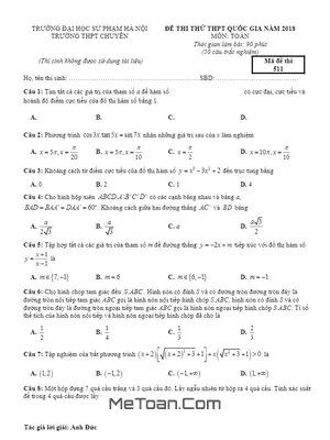 Đề thi thử THPT Quốc gia 2018 môn Toán trường THPT chuyên ĐHSP Hà Nội - Mã đề 512