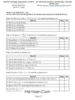 Đề Minh Họa Đánh Giá Đầu Vào Đại Học 2023 Môn Toán Trường ĐH Ngân Hàng TP.HCM