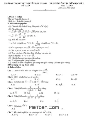 Đề Cương Ôn Tập Toán 9 Giữa Kỳ 1 Năm 2022 - 2023 Trường Nguyễn Tất Thành - Hà Nội