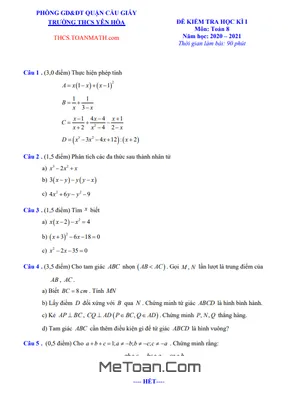 Đề thi học kì 1 Toán 8 năm 2020 - 2021 trường THCS Yên Hòa - Hà Nội