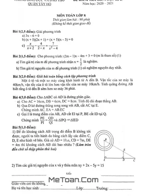 Đề thi giữa kỳ 2 Toán 8 năm 2020 - 2021 phòng GD&ĐT Tây Hồ - Hà Nội