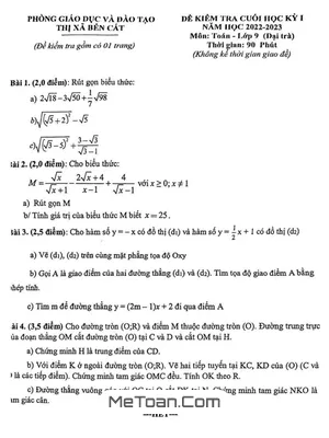 Đề thi học kỳ 1 Toán 9 năm 2022 - 2023 phòng GD&ĐT Bến Cát - Bình Dương