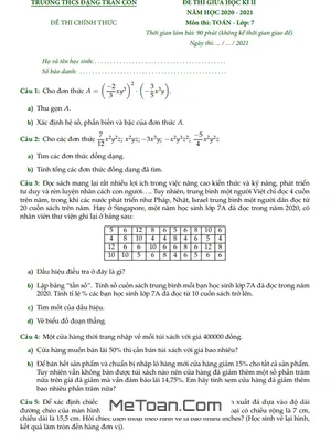 Đề thi giữa kì 2 Toán 7 năm 2020 - 2021 trường THCS Đặng Trần Côn - TP HCM