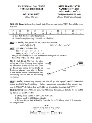 Đề thi HK2 Toán 7 năm 2019 - 2020 trường THCS Lê Lợi - TP HCM (có đáp án)