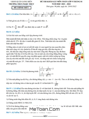 Đề thi khảo sát Toán 9 tháng 01 năm 2022 trường THCS Ngọc Thụy – Hà Nội