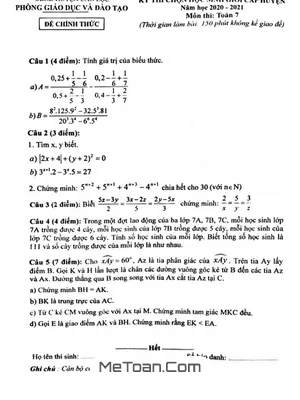 Đề thi học sinh giỏi Toán 7 năm 2020 - 2021 phòng GD&ĐT Cao Lộc - Lạng Sơn