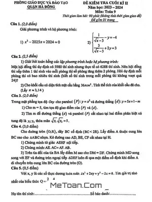 Đề Thi Cuối Kì 2 Toán 9 Năm 2023 - 2024 Phòng GD&ĐT Hà Đông - Hà Nội