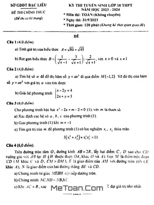 Đề thi tuyển sinh lớp 10 môn Toán (không chuyên) năm 2023 - 2024 sở GD&ĐT Bạc Liêu