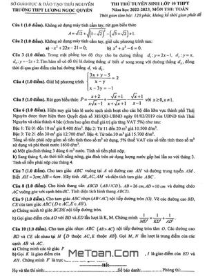 Đề thi thử Toán vào lớp 10 năm 2022 - 2023 trường Lương Ngọc Quyến - Thái Nguyên