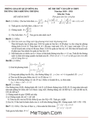 Đề thi thử vào lớp 10 môn Toán năm 2020 - 2021 trường THCS Khương Thượng - Hà Nội