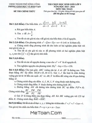 Đề thi học sinh giỏi Toán 9 năm 2023 - 2024 phòng GD&ĐT Sông Công - Thái Nguyên