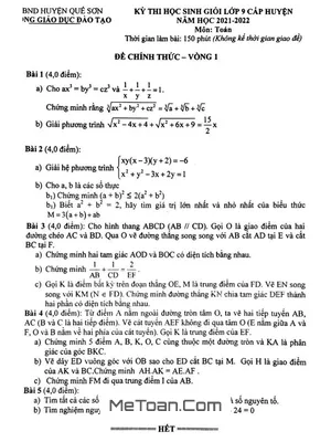 Đề thi học sinh giỏi Toán 9 năm 2021 - 2022 phòng GD&ĐT Quế Sơn, Quảng Nam